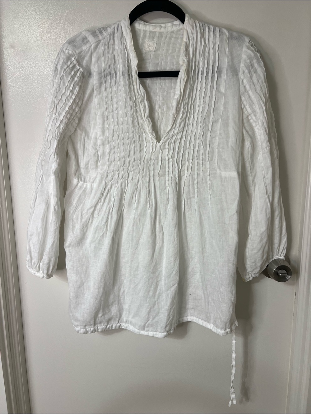 Women's White 100% Linen Pintuck Peasant Top Lagenlook Prairie Summer Minimalist